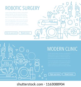 Two robotic surgery banner template in linear style on white and blue background. Robotic assisted surgery future linear template design. Vector illustration