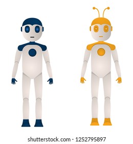 Two robots of blue and yellow color in a flat style, cute aliens vector illustration on a white background.