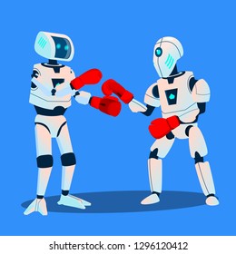 Two Robots Are Boxing On Ring Vector. Isolated Illustration