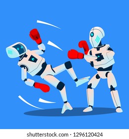 Two Robots Boxing On Ring Vector. RPA Robotic Progress. Isolated Illustration