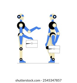 Dois Robôs Com Maletas De Mãos Apertando Na Ilustração De Vetor Plano, Simbolizando Negócios, Colaboração De IA E Robótica No Local De Trabalho, Isolados Em Fundo Branco