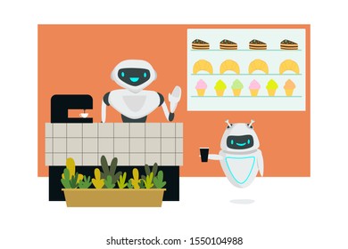 Two robots in the cafe serves people flat vector illustration. Replacing human labor and modern technologies in the service sector concept. The robot replaced a person at the checkout in a restaurant