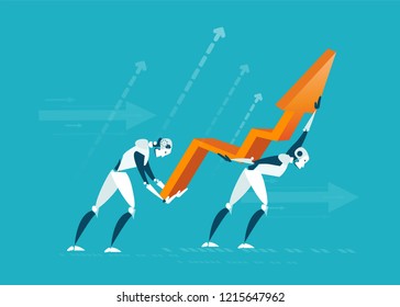 Two robots caring growth up arrow 
