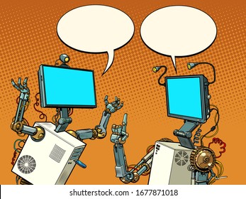 two robots communicate. Pop art retro vector illustration vintage kitsch 50s 60s style