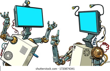 two robots communicate. Pop art retro vector illustration vintage kitsch 50s 60s style