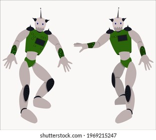 Two robots dancing in a cosmic style. Vector illustration.
