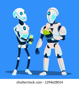 Two Robots Drinking Cocktails And Talking Vector. RPA Robotic Progress. Isolated Illustration