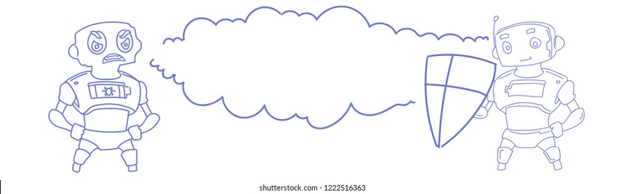 two robots hold shield have problem chat bubble cloud communication artificial intelligence concept sketch doodle horizontal vector illustration
