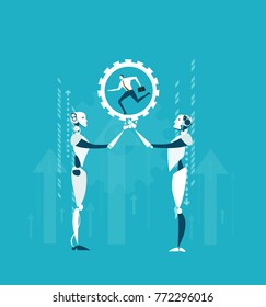 Two robots holding gear with running man inside. Business and technology  concept illustration
