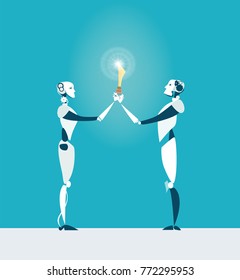 Two robots holding up trophy. Business and technology  concept illustration