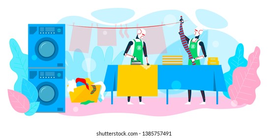 Two Robots and Housework Cleaning Service in Hotel Dry-Cleaning Promotion Banner Vector Illustration Robotic Systems Ironing Clothes Hanging up Dry Clothes Help and Replacing People in Home Activities