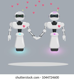 two robots love,  flying, luminous, beautiful modern friendly 
 robot, vector illustration, gray background