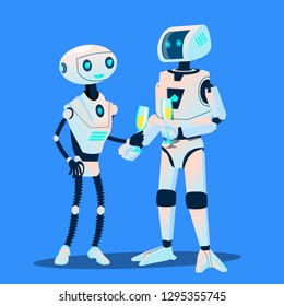 Two Robots In Love Are On Date With Glasses Of Champagne Vector. Isolated Illustration