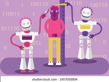 Two robots are measuring a man, classifying him, trying to understand his preferences. Artificial intelligence detects our activity in the Internet and creates the image of who we are and what we like