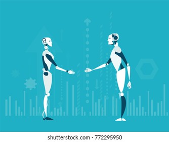 Two robots meeting, representing artificial intellect controlling, making decisions and generating ideas.