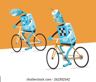 Two robots on a bike, vector cartoon illustration