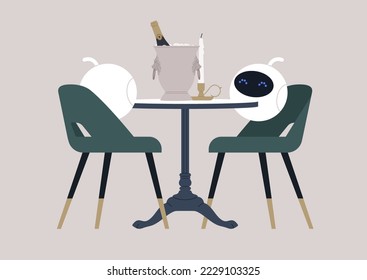 Two robots on a date in a restaurant, a romantic scene