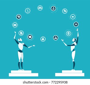 Two robots rolling communication icons, representing artificial intellect controlling, making decisions and generating ideas.