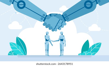Two robots shaking hands. Close-up of robotic hands. Partnership, Handshake between robots. Handshake two robots. Collaboration between artificial intelligence. Robotization. Vector illustration