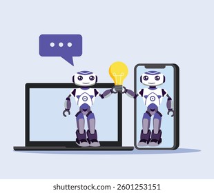 Two robots sharing a lightbulb idea using a laptop and a phone, shown in a cute illustration Perfect for AI and tech themes.