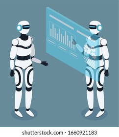 Zwei Roboter stehen in der Nähe von Bildschirm oder Projektion mit Informationen. Maschinen mit künstlicher Intelligenz, die an der Analyse von Daten arbeiten. Charaktere schauen sich Grafik an und erkunden sie. Vektorillustration-Illustration auf ebene