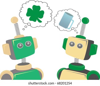 Two robots thinking about St. Patrick's Day clover and beer editable vector illustration