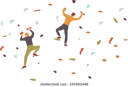 Two rock climbers going up on the climbing wall full of climbing holds. Bouldering indoor for beginners. Colourful vector illustration 