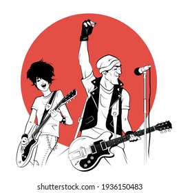 Two rockers with electric guitars in sketch style on red background. Vector illustration.