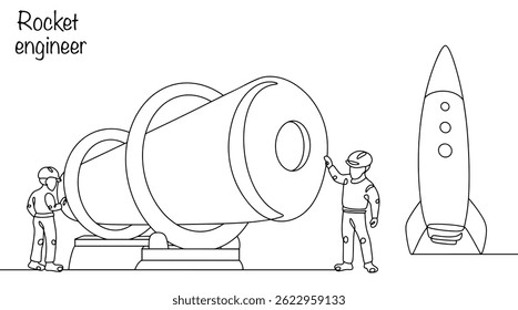 Two rocket engineers design, develop, test, and improve rockets and rocket systems. They work to assemble a rocket part that will become a complete flying machine. Vector illustration.