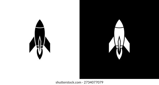 Duas silhuetas de foguetes, uma preta no branco e uma branca no preto, mostrando dualidade visual.