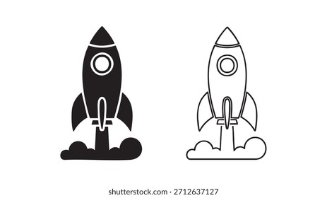 Two rockets are shown in black and white. The black rocket is on the left