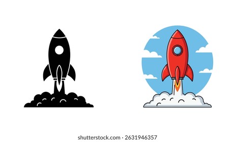 Two rocketships, one black and one red, are depicted taking off. The black rocket is a silhouette, while the red one is in a blue sky.