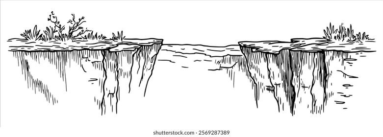 two rocky cliffs with gap and sparse vegetation hand drawn doodle sketch