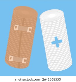 Two rolled bandages: brown and white,
elastic bandage and white gauze roll,
used for wounds and first aid,
doctor care, flat design style.