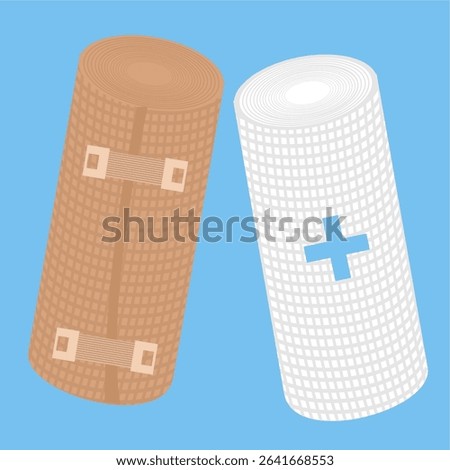 Two rolled bandages: brown and white,
elastic bandage and white gauze roll,
used for wounds and first aid,
doctor care, flat design style.