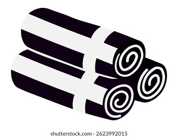 Two rolled beach towels featuring stylish black and white stripes are stacked together, radiating summer vibes and inviting relaxation by the pool or seaside