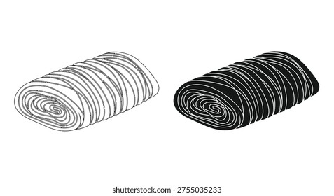 Two rolled carpets are presented in a stark black-and-white illustration, highlighting differences in line weight and pattern detail.