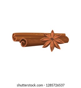 Two rolled cinnamon sticks and anise star. Cooking ingredient. Aromatic condiment. Detailed flat vector design