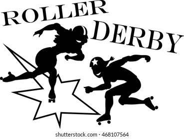 Two roller derby players, EPS 8 vector silhouette illustration, no white objects