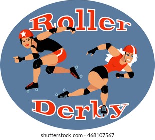 Two roller derby players, EPS 8 vector illustration