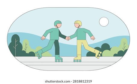 Two roller skaters wearing safety helmets shaking hands while skating on an outdoor path with a scenic background.