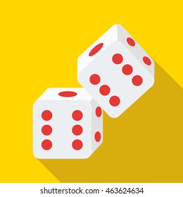 Two rolling white dice icon in flat style on a yellow background