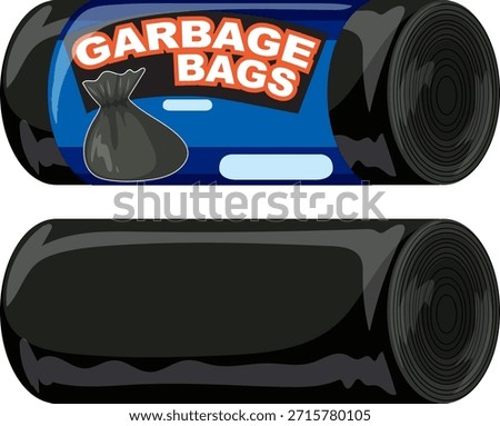 Two rolls of black garbage bags, one with labeled packaging, clean vector style, flat colors