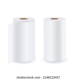 Two rolls of paper towels isolated on white background. Vector realistic Mockup. White napkin rolls without a pattern. Blank template. EPS10.