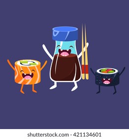 Two Rolls And Soy  Cartoon Friends Colorful Funny Flat Vector Isolated Illustration On Blue Background