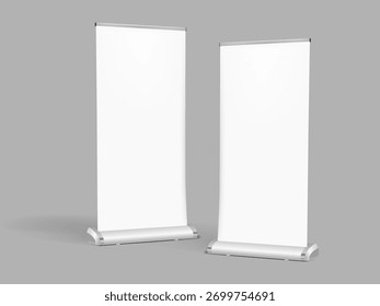 Dos maquetas de Anuncio enrollables sobre un fondo gris. Ilustración vectorial.