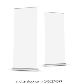 Two roll-up banners mockups isolated on white background. Vector illustration