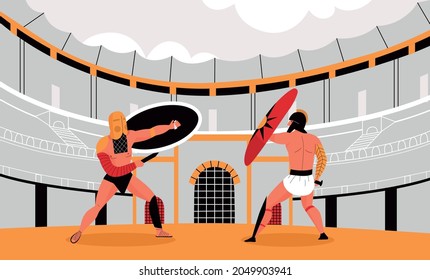 Two roman gladiators with shields fighting on arena of colosseum flat vector illustration