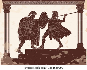 Two Roman legioners in armor and helmets fight with a sword and a spear. Vector drawing on a historical theme.