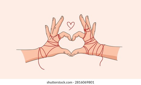Two romantic hands wrapped in the red string of fate form a beautiful heart shape against a soft pink background.